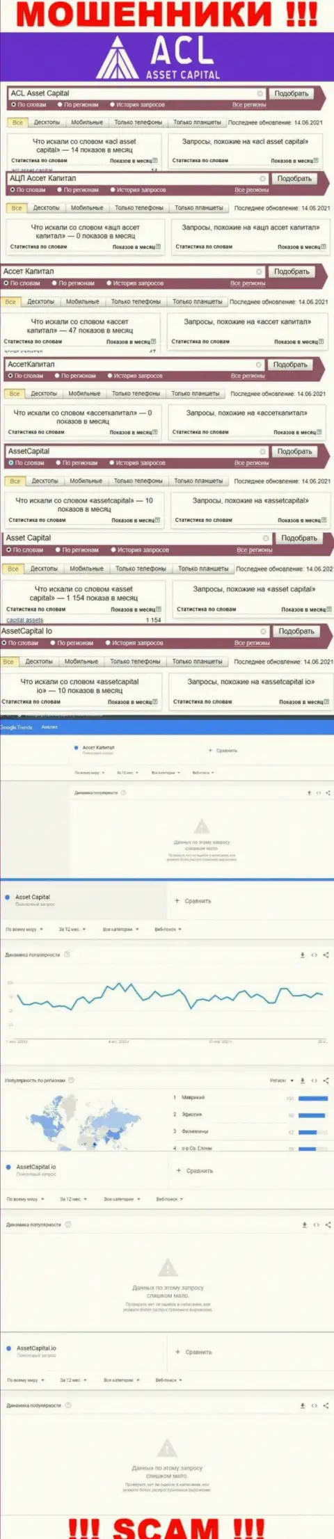 Статистические показатели числа поисковых запросов в сети internet по жуликам Капитал Ассет Финанс Лтд
