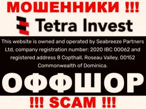 На сайте воров ТетраИнвест говорится, что они расположены в оффшорной зоне - 8 Copthall, Roseau Valley, 00152 Commonwealth of Dominica, будьте осторожны
