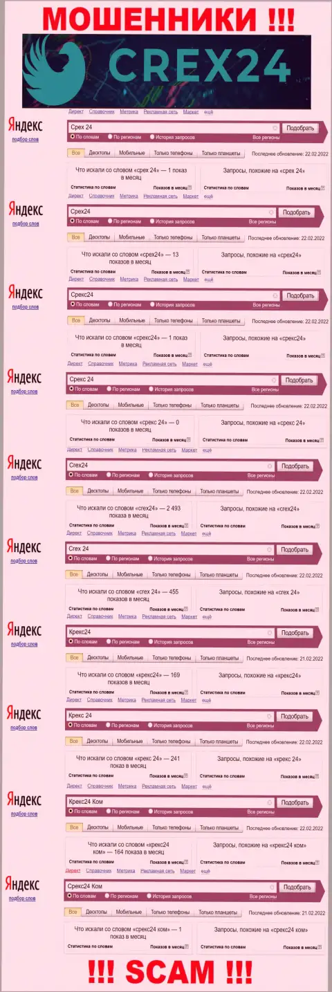 Статистика интернет-запросов в поисковиках всемирной сети касательно мошенников Crex24 Com