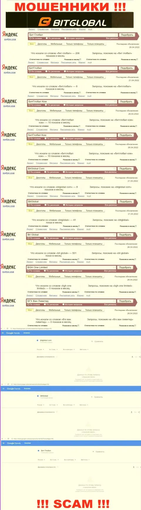 Подробная информация по суммарному числу онлайн запросов по кидалам Bit Global во всемирной интернет паутине