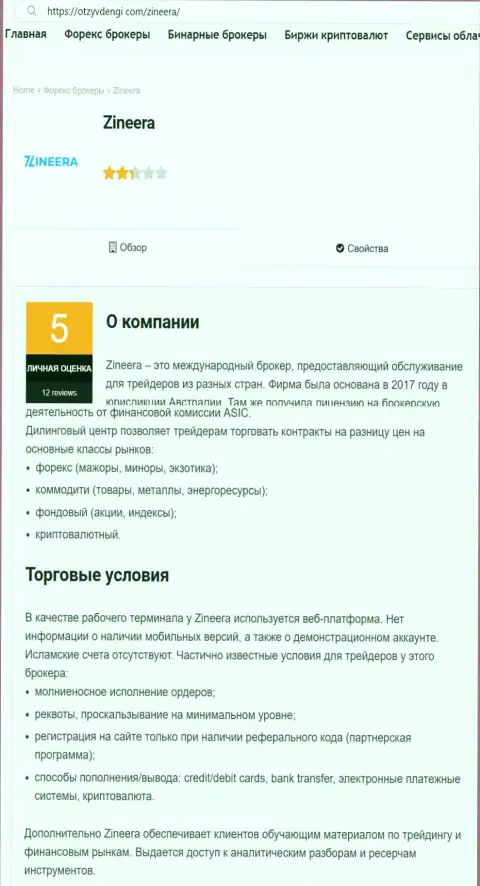 Информационный материал о организации Zinnera, представленный на web-сайте otzyvdengi com