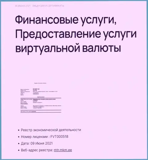 Лицензия криптовалютного обменного online-пункта BTCBit Net на оказание услуг с электронными деньгами