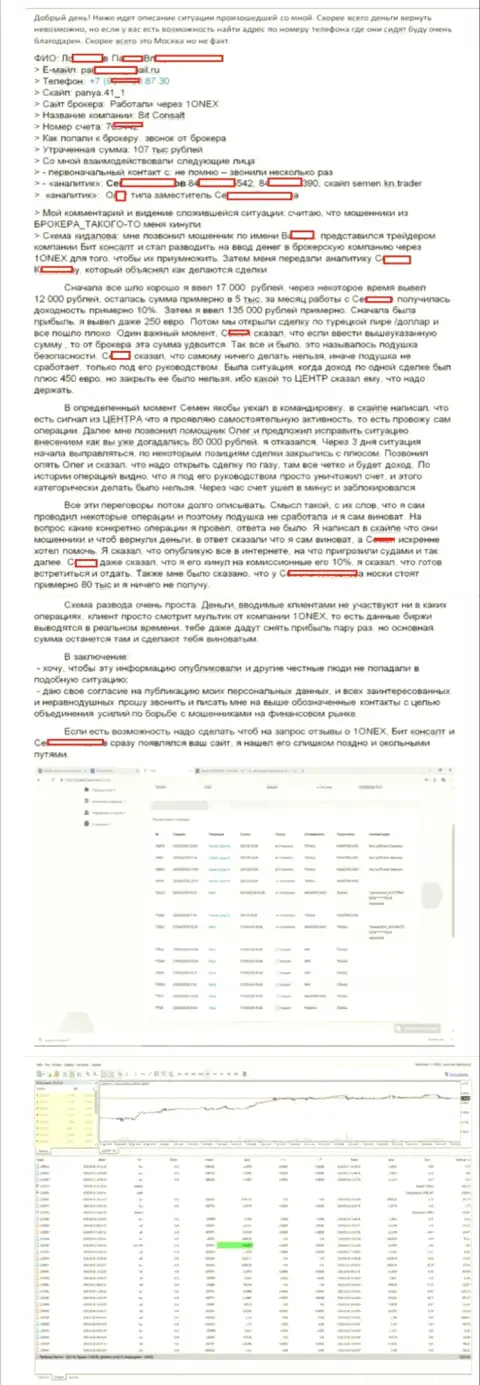 Подробная модель развода валютного трейдера обманщиками из 1Онекс на денежную сумму 107 тысяч рублей